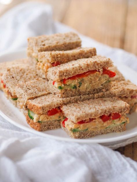 Vegan Chickpea Hummus Salad Sandwiches Veggie Sandwiches, Hummus Salad, Chickpea Hummus, Tailgating Ideas, Tea Sandwich, Tea Party Sandwiches, Vegan Sandwiches, Vegan Party Food, Afternoon Tea Recipes