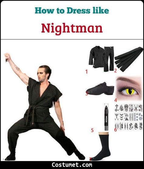 Nightman (The Nightman Cometh) Costume for Cosplay & Halloween 2021 Nightman Cometh Costume, Dayman Nightman Costume, Nightman Cometh, Black Jazz Shoes, Smoky Eyeliner, Karate Outfit, Black Face Paint, Karate Belt, Karate Uniform