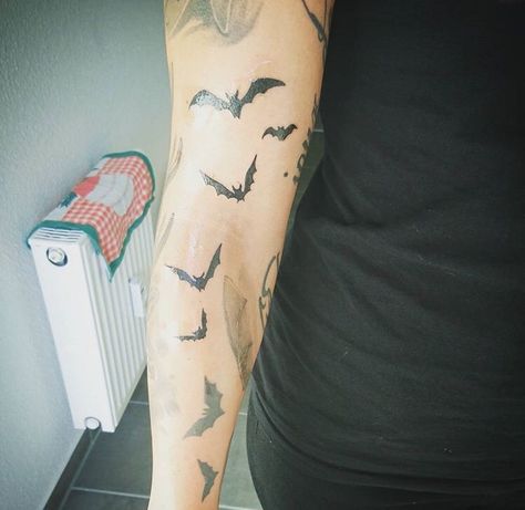 Bat Side Tattoo, Goth Forarm Tattoos, Emo Tattoo Sleeve, Bat Tattoo Forearm, Bat Tattoo Men, Grunge Tattoo Sleeve, Bats Flying Tattoo, Bat Tattoo Arm, Wardog Tattoo