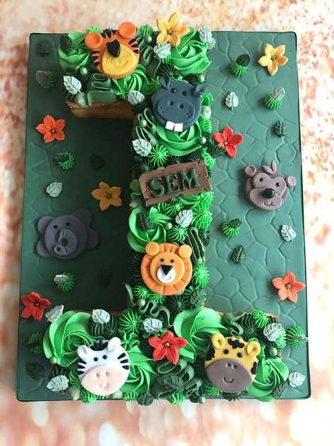 Number 2 Animal Cake, Number 3 Animal Cake, Wild One Pull Apart Cupcakes, Wild One Cupcake Cake, Jungle Cupcake Cake, Cupcakes Shaped Like 1, Safari Animal Birthday Cake, Number Cake For Baby Boy, Safari Cupcake Cake