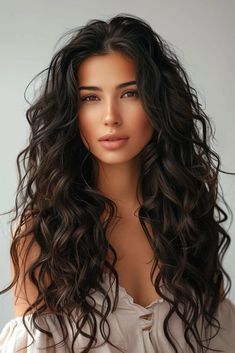 Long Hair With Loose Curls, Long Haircuts Dark Hair, Volume Curly Hairstyles, Brown Long Hair Styles, Long Hair Waves Hairstyles, Curly Hair Inspiration Long, Long Loose Curls Hairstyles, Simple Braids For Long Hair, Curly Long Hairstyles For Women