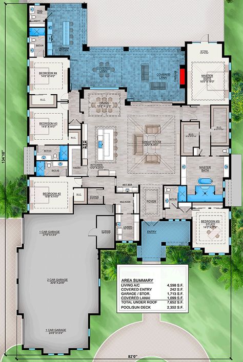 This 4,598 square foot coastal contemporary house plan gives you 5 beds, 5.5 full baths, and a 1,713 square foot 4 car garage. Architectural Designs' primary focus is to make the process of finding and buying house plans more convenient for those interested in constructing new homes - single family and multi-family ones - as well as garages, pool houses and even sheds and backyard offices. Our website offers a vast collection of home designs, encompassing various architectural styles, sizes, and features, which can be customized to meet specific needs and preferences We curate and add to our design portfolio every day as we work with hundreds of residential building designers and architects to bring you the most diverse and best house plans available. We can modify any house plan you see o Large Beach House Plans, 5bedroom House Plans One Floor, Coastal House Floor Plans, 12 Bedroom House Plans, 5 Bedroom Modern House Plans, 5 Bedroom House Floor Plan One Level, Beach House Layout, Architect Portfolio Design, Floor Plan Ideas