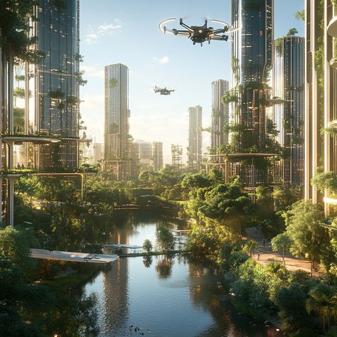 🌆 Discover a Futuristic City: Where Nature Meets Modern Architecture! This stunning urban landscape harmonizes sleek skyscrapers and lush greenery, featuring reflective surfaces and innovative public spaces. Drones soar above as citizens enjoy vibrant parks. #FuturisticCity #NatureMeetsArchitecture #Midjourney #UrbanExplorer Earthship Home Plans, Earthship Home, Green Zone, Eco City, Forest City, Solar Water, Earthship, Futuristic City, Reflective Surfaces