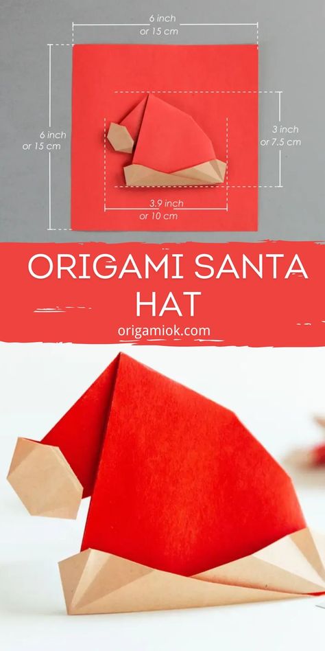 Make your own origami Santa hat with a few simple steps, The top of the hat droops down and looks very cute. You can use it as a decoration, hang it on the window, doors, or the Christmas tree, to warm your house. Moreover, using it to decorate cards will also touch the friends who receive it. If you want to actually wear it on your head, use a large piece of paper to fold it. Christmas Origami Cards, Paper Santa Hat, How To Make A Paper Cone, Winter Origami, Santa Hat Christmas Card, Christmas Origami Easy, Santa Origami, Oragami Christmas Ornaments Step By Step, Simple Homemade Christmas Cards With Santa Hat