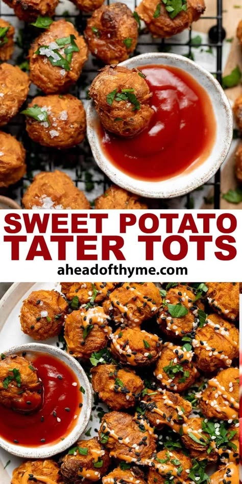 Sweet Potato Tater Tots Vegan Sweet Potato Appetizers, Sweet Potato Tater Tot Recipes, Baked Sweet Potato Ideas, Recipes With Sweet Potato Puree, Recipes With Mashed Sweet Potatoes, Sweet Potato Appetizers For Party, Sweet Potato Fry Recipes, Sweet Potato Recipes Dinner, Party Horderves