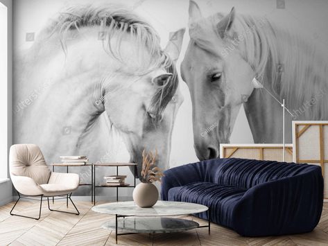 Horse Mural Art, Grey Horse Painting, Horse Wallpaper For Bedroom, Horse Wall Mural, Hannah House, White Horse Photography, Horse Mural, Galaxy Bedroom, Horse Wall Decals