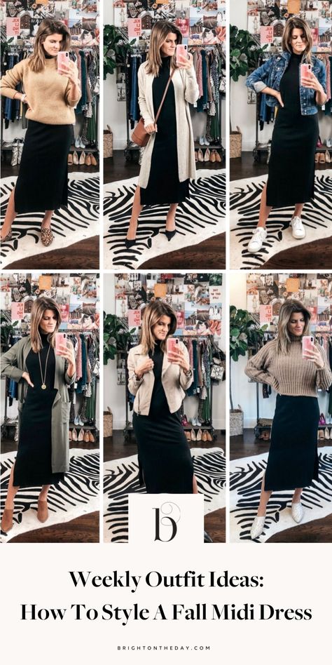 Weekly Outfit Ideas: How To Style A Fall Midi Dress • BrightonTheDay Midi Dress With Cardigan, Midi Dress Sleeves, Dress And Cardigan Outfit, Black Midi Dress Outfit, Fall Midi Dress, Maxi Dress Outfit Fall, Fall Midi, Midi Dress Outfit, Style Midi Dress