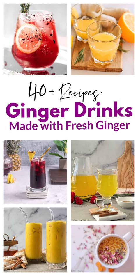 These ginger drink recipes are all homemade with fresh ginger root. This collection of delicious ginger drinks covers a wide variety of cocktails, mocktails, teas, shots, and smoothies. Some have alcohol and some do not. Each and every ginger drink recipe has one thing in common - the amazing anti-inflammatory properties of using fresh ginger. Ginger Milk Tea Recipe, Ginger Root Recipes, Ginger Iced Tea Recipe, Drinks With Sprite, Ginger Drink Recipe, Ginger Drinks, Ginger Root Tea, Ginger Cocktails, Ginger Tea Recipe