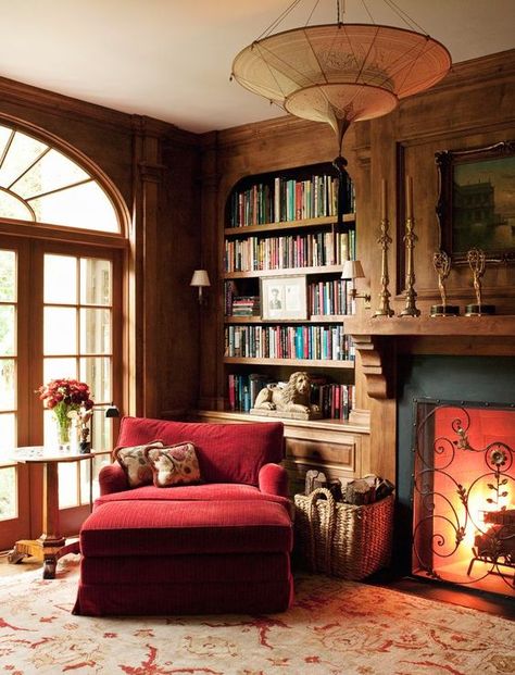 Cozy Home Library, Reading Spaces, Cozy Library, Red Couch, Home Library Design, Transitional Living, Home Libraries, Reading Nooks, Cozy Fireplace