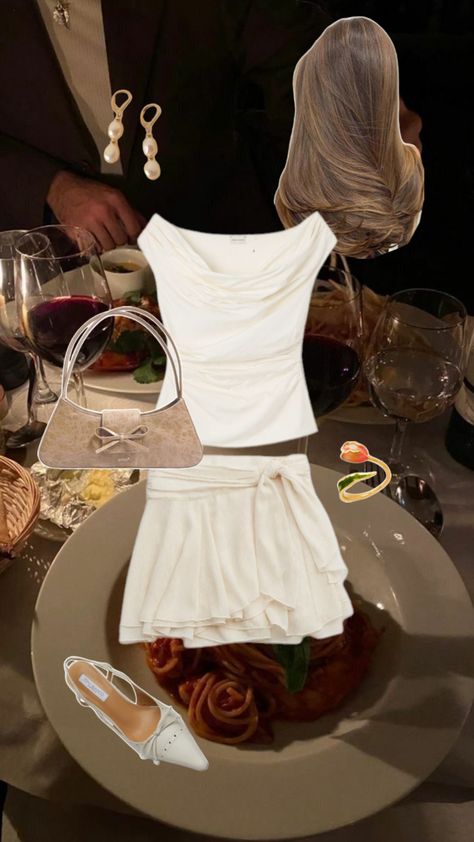 Dinner date, white outfit, monochrome, monochromatic outfit, date night outfit, skirt, white shirt, nice outfit Date Night Outfit Skirt, Night Dinner Outfit, Dinner Outfit Summer, Outfit Date Night, Outfit Date, Monochromatic Outfit, Dinner Outfit, White Outfit, Date Dinner