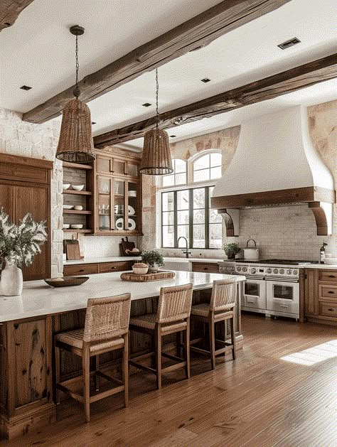 25 Cozy Farmhouse Kitchen Ideas for That Rustic Feel Timber Frame Kitchens, Rustic Beams In Kitchen, Wooden Beam Kitchen, Cozy Family Kitchen, Exposed Trusses Kitchen, Kitchen Ideas Earthy, Wood Beams On Ceiling Kitchen, Kitchen With Exposed Beams, Wooden Beams In Kitchen