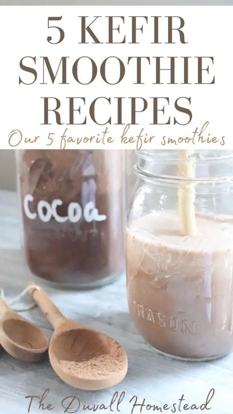 5 Kefir Smoothie Ideas & Kefir Benefits - The Duvall Homestead Raw Kefir Recipes, Diy Kefir How To Make, Recipes Using Plain Kefir, Chocolate Kefir Smoothie, Kefir Uses, Ways To Eat Kefir, Kefir Drink Recipes, How To Eat Kefir, Thm Kefir Smoothie