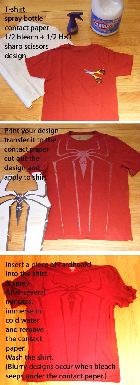 DIY bleach Spiderman shirt. Amazing! Spiderman Tie Dye Shirt Diy, Spiderman Accessories Diy, Spiderman Bleached Shirt, Diy Spiderman Shirt, Spiderman Diy Costume, Diy Spiderman Costume, Diy Bleach, Bday Shirt, Spiderman Shirt