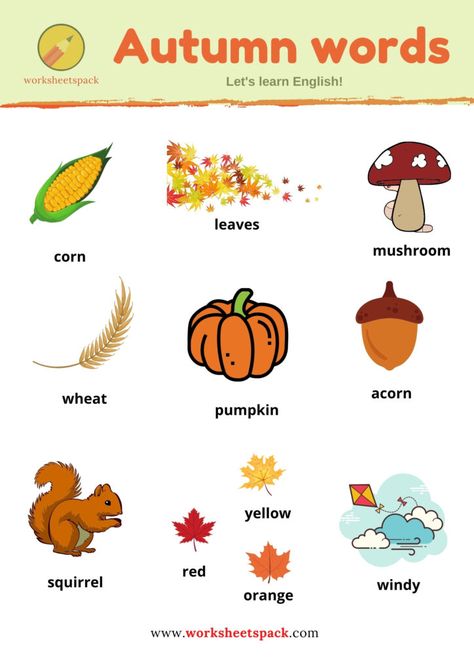 Fall Vocabulary Preschool, Words Activities For Kids, Autumn Worksheets For Kids, Bird Free Printable, Vocabulary Words With Pictures, Kindergarten Vocabulary, Seasons Lessons, Fall Vocabulary, Seasons Worksheets