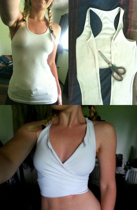 Turn Tank Top Into Crop Top, Turning T Shirt Into Tank Top, Diy Clothes From Old Clothes, How To Make Your Tank Top Tighter, Top Alterations Ideas, Diy Cutout Shirt Tutorials, Upcycling Crop Tops, No Sew T Shirt Hacks, Turning Clothes Into Other Clothes