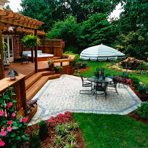 Outdoor Patio Multiple Seating Areas, Deck And Pavers Combo, Deck And Pavers Patio Design, Deck And Stone Patio Combo, Stone Patio Off Deck, Paver Patio Off Deck, Deck To Pavers Transition, Small Outside Deck Ideas, Pavers Off Deck