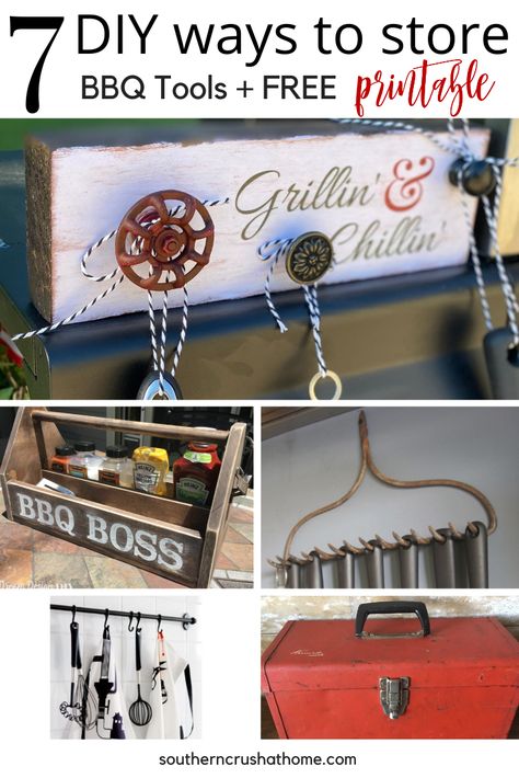 Summertime BBQ grilling is a great way to spend a summer evening. This list of 7 Clever ideas for storing bbq tools includes a FREE Grillin' & Chillin' Printable... https://www.southerncrushathome.com/7-diy-ways-to-store-bbq-tools/ #bbqgrilldiy #bbqgrilltools #bbqgrillsign #diybbqsign #diytoolstorage #bbqgrillideas #backyardbbqideas #southerncrushathome Outdoor Bbq Utensil Storage Ideas, Grill Utensil Holder Diy, Bbq Accessories Storage Ideas, Storing Grilling Utensils, Grilling Tools Storage Ideas, Bbq Utensil Holder Ideas, Grill Accessories Storage Diy, Blackstone Accessory Storage Ideas, Bbq Organization Ideas