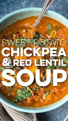 This hearty Sweet Potato, Chickpea and Red Lentil Soup cooks in just 10 minutes in your Instant Pot or in under 30 on the stove. Slimming World friendly! Chickpea Potato, Potato Chickpea, Soup Potato, Cauliflower Soup Recipes, Quick And Easy Soup, Red Lentil Soup, Sweet Potato Soup, Lentil Recipes, India Food