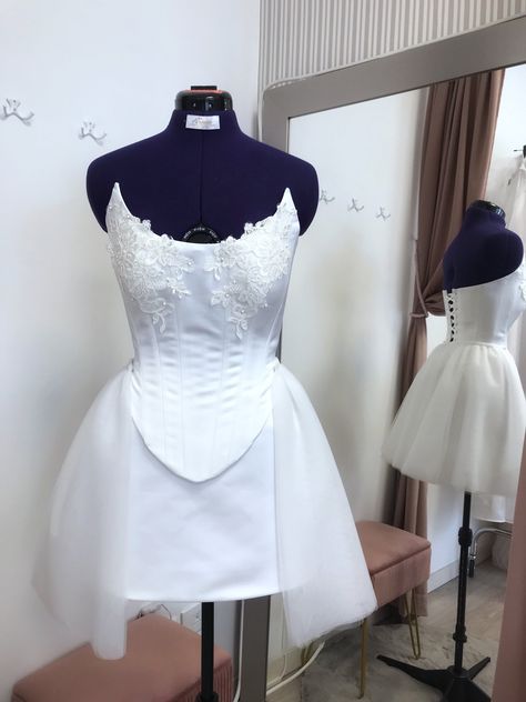 Short Corset Wedding Dress, Civil Wedding Gown, Short Satin Skirt, Satin Short Skirt, Short Corset Dress, Satin Bridal Dress, Tulle Overskirt, Embroidered Corset, Second Wedding Dresses