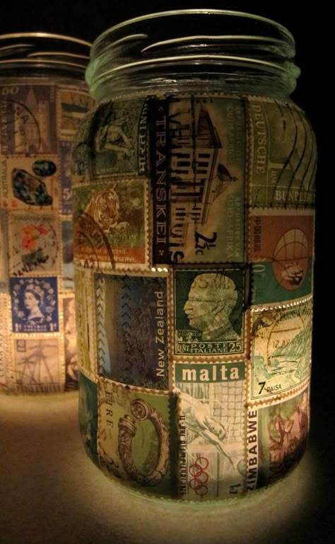 pushing the envelopes: bonus post - stamp lamp Stamp Lamp, Candle Stamping, Crafts With Glass Jars, Jar Art, Jar Ideas, Jar Decor, Postage Stamp Art, Tealight Candle Holder, Handmade Lamps