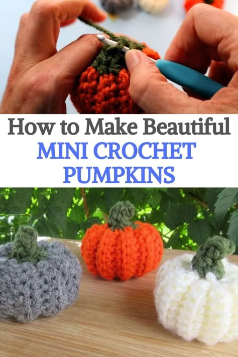 Tiny little pumpkins and gourds make the perfect seasonal addition to your table centerpiece and are small enough that you can tuck a little bit of Autumn whimsy into any little corner of your home! We've designed this crochet pattern with beginner crocheters in mind, but it's such a fun scrap buster that everyone will get a kick out it! Lightly stuffed they can be strung into a garland or even added to a wreath! #urbakicrochet #halloweencrochet #littlepimpkins #littlepimpkinscrochet #halloween Tiny Pumpkin Crochet Pattern Free, Crochet Pumpkin Keychain Free Pattern, Crochet Halloween Costume, Diy Crochet Cardigan, Pumpkin Patterns Free, Crocheted Earrings, Thanksgiving Crochet, Pumpkins And Gourds, Crochet Pumpkins