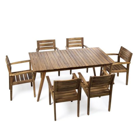 Cremeans Outdoor 7 Piece Dining Set Used Outdoor Furniture, Acacia Wood Table, Wicker Dining Set, 3 Piece Dining Set, Wood Chairs, Wicker Dining Chairs, Outdoor Lounge Set, 7 Piece Dining Set, Christopher Knight