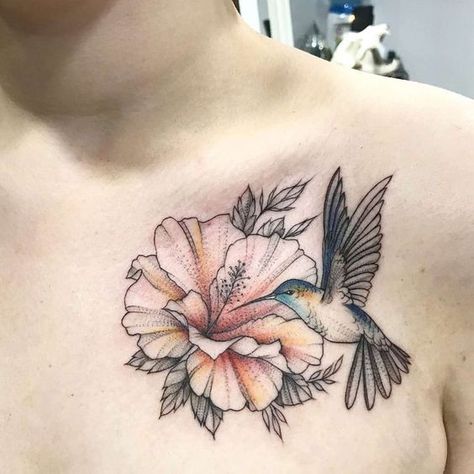 Flower tattoo with a hummingbird on the chest | www.otziapp.com Love Bird Tattoo Couples, Hummingbird Flower Tattoos, Bird And Flower Tattoo, Tiki Tattoo, Vogel Tattoo, Stunning Tattoos, Hibiscus Tattoo, Beautiful Tattoos For Women, Shape Tattoo