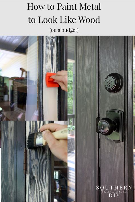 How to Paint a Metal Door to Look Like Wood Upgrade your exterior metal garage or front door to look and feel like real wood with this simple and budget friendly method #wooddoor #paintexteriordoor #howtopaintadoor #painteddoor #blackdoor #fauxwooddoor #howtopaintfauxwood Door Paint Exterior, Staining Metal Doors To Look Like Wood, Can You Paint A Metal Front Door, Upgrade Front Door Diy, How To Paint A Front Door To Look Like Wood, How To Paint A Steel Door To Look Like Wood, Painting Metal Door To Look Like Wood, How To Make Garage Door Look Like Wood, Painting A Metal Front Door To Look Like Wood