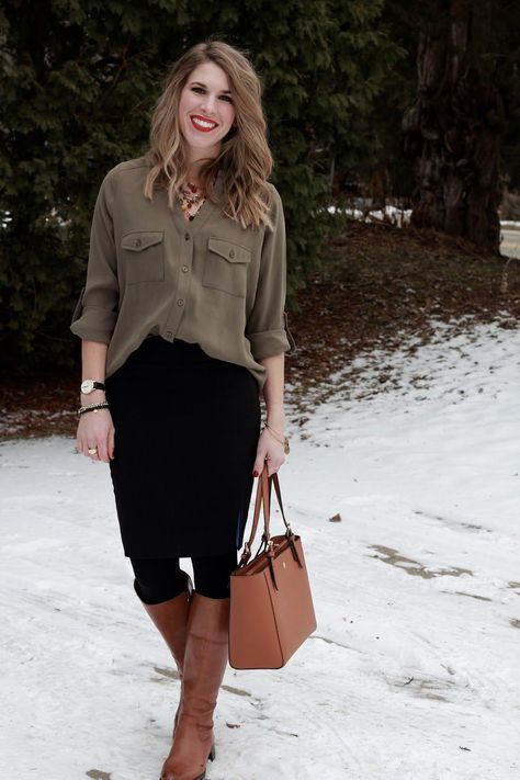 How to Dress Down a Pencil Skirt | black pencil skirt, olive button up top, cognac riding boots Black Pencil Skirt Outfit, Pencil Skirt Outfits Casual, Cognac Riding Boots, Riding Boot Outfits, Outfits Dressy, Pencil Skirt Outfits, Boating Outfit, Skirts With Boots, Black Pencil Skirt