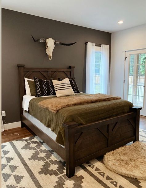 Mens Western Bedroom Ideas, Western Bedroom Remodel, Rustic Ranch Bedroom Ideas, Mens Western Bedroom, Western Green Bedroom, Manly Rustic Bedroom, Ranch Glam Bedroom, Olive Green Western Bedroom, Yellowstone Bedroom Ideas