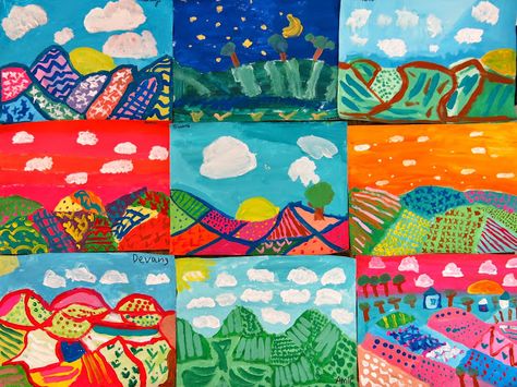 Cassie Stephens: Back to Art Teacherin': My Fave Landscape Lessons Landscape Art Lessons, Third Grade Art, Art Docent, Cassie Stephens, 4th Grade Art, 5th Grade Art, 3rd Grade Art, Elementary Art Projects, Art Lessons Elementary