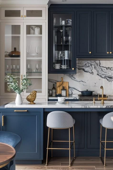 12 Dark Blue Kitchen Interior Designs For Your Inspiration! - My Decor Inspo Dark Blue Kitchen Ideas, Blue Kitchen Interior, Dark Blue Kitchen, Blue Cabinetry, Blue Kitchen Ideas, Dark Blue Kitchens, Blue Kitchen Designs, Trendy Kitchen Design, Kitchen Remodel Cabinets