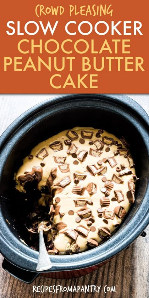 This easy, homemade, creamy, and rich Crock Pot Peanut Butter Chocolate cake is perfect for so many occasions. This slow cooker dessert is great for potlucks and gatherings and made with basic pantry ingredients. Top Chocolate Peanut Butter Cake with Reese’s or your other favorite chocolate candy, and try the peanut butter glaze too. Click through to get this Crockpot Peanut Butter Cake recipe! #chocolatepeanutbuttercake #peanutbutterchocolatecake #crockpotcake #dessertrecipe #crockpot Peanut Butter Chocolate Cake, Butter Chocolate Cake, Crockpot Dessert, Slow Cooker Cake, Crockpot Cake, Crockpot Desserts, Cooker Cake, Recipe Crockpot, Crockpot Dessert Recipes