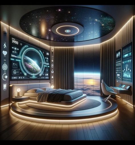 Bedroom Futuristic, Haven Bedroom, Futuristic Bedroom Ideas, Futuristic Rooms, Sleepy Bedroom, Lighting Temperature, Futuristic Bedroom, Year 3000, Futuristic House