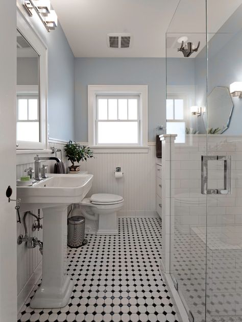 American Craftsman Style - The Honeycomb Home Black And White Tile, Vintage Style Bathroom, Victorian Bathroom, Sink Storage, Trendy Bathroom, Small Bathroom Design, Blue Bathroom, White Rooms, Grey Bathrooms