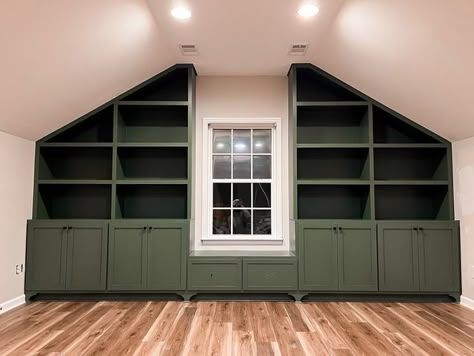 Built In Shelving Bonus Room, Bonus Room Above Garage Storage Ideas, Bookshelves Attic Built Ins, Built Ins Bonus Room, Living Room Built In With Vaulted Ceiling, Closet In Bonus Room Above Garage, Built In On Angled Wall, Built In Bonus Room, Attic Room Clothes Storage