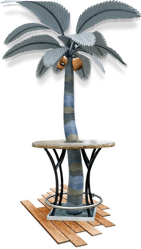 Metal Palm Tree Outdoor, Natural Edge Table, Metal Trees, Metal Palm Tree, Tiki Garden, Kind Bars, Standing Lamps, Yard Sculptures, Front Yard Design