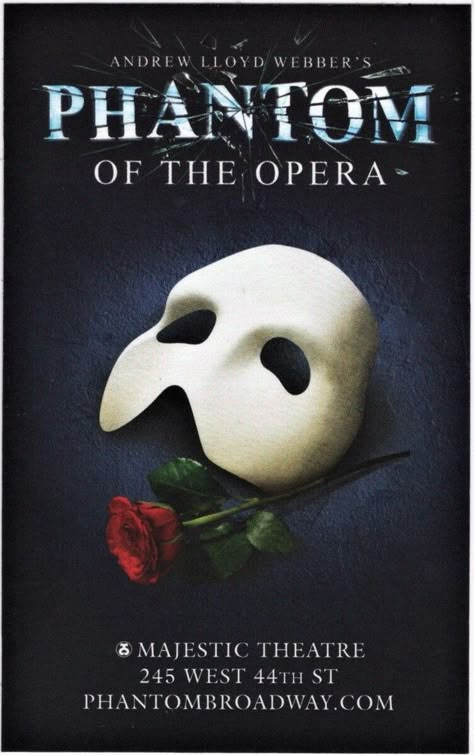 Flyer for the 1988 Broadway Production of the musical "The Phantom of the Opera" at the Majestic Theatre. Phantom Of The Opera Playbill, The Phantom Of The Opera Poster, Phantom Of The Opera Poster, Phantom Of The Opera Musical, Musical Theatre Posters, Opera Poster, Majestic Theatre, Theater Kid, The Phantom Of The Opera