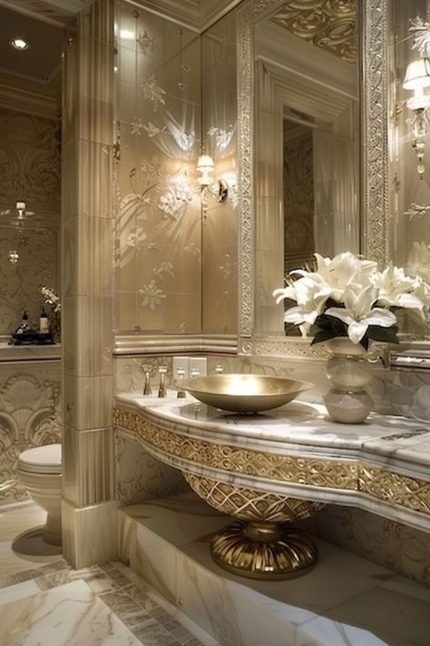 Powder Room Mirror Ideas, Master Bathrooms Luxury, Luxury Marble Flooring, Dream Bathroom Master Baths, Luxury Powder Room, Room Mirror Ideas, Powder Room Mirror, Glamorous Bathroom, Powder Room Ideas