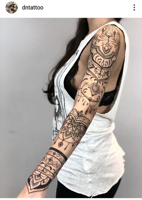 Upper Arm Tattoos For Women Unique, Lace Mandala Tattoo Arm, Mandala Arm Tattoos For Women, Upper Arm Band Tattoo For Women, Bohemian Tattoos For Women, Ornamental Tattoo Sleeve, Bohemian Tattoo Sleeve, Lace Sleeve Tattoos, Bohemian Tattoo