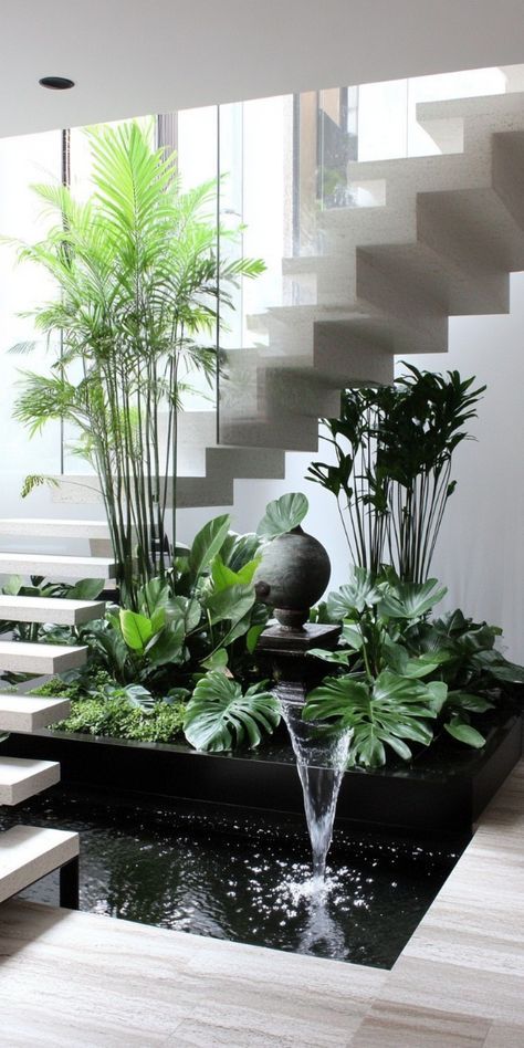 Biophilic Design Interiors, Closet Offices, Japandi Home Decor, Amazing Interior Design, Indoor Courtyard, Indoor Water Features, Biophilic Design, House Arch Design, Interior Stairs