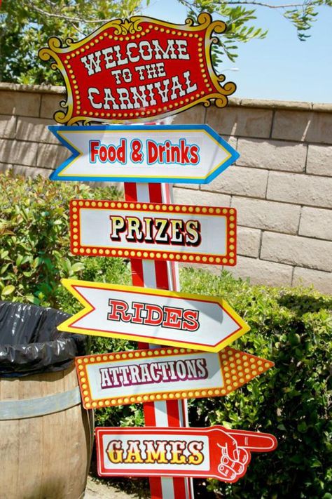 Circus + Carnival Extravaganza Birthday Party - Kara's Party Ideas - The Place for All Things Party Carnival Signs, 4de Verjaardag, College Events, Birthday Carnival, Fall Carnival, Diy Carnival, Circus Carnival Party, Carnival Decorations, Carnival Food