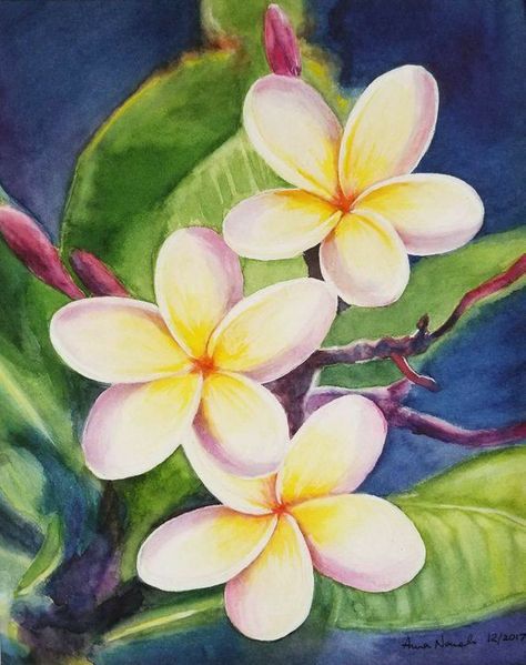 Tropical Flower Painting, Flores Plumeria, Flowers Plumeria, Plants Drawings, Tropical Plumeria, Painting Tropical, Draw Flowers, Tropical Painting, Flower Drawings