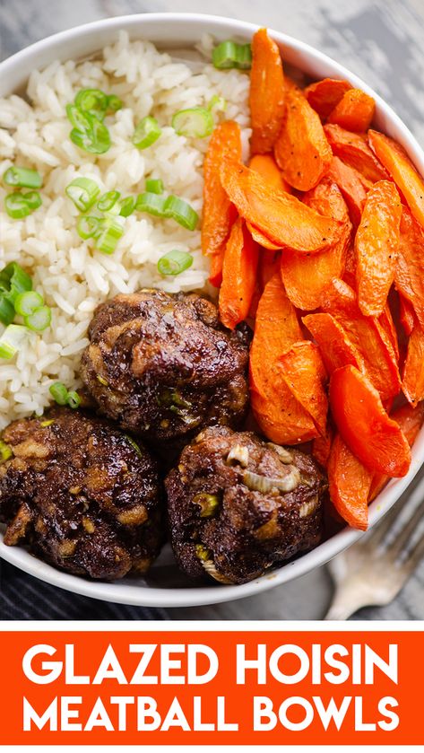 Meatball And Rice Recipes, Hoisin Meatballs, Meatball Bowls, Ginger Rice, Fmd Recipes, Meatballs And Rice, Bowl Meals, Glazed Meatballs, Work Food