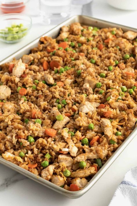 Sheet Pan Fried Rice by The BakerMama Sheet Pan Fried Rice Damn Delicious, One Pan Fried Rice, Oven Chicken Fried Rice, Dump And Bake Fried Rice, Sheet Pan Hibachi Chicken, Oven Fried Rice Recipes, Sheet Pan Fried Rice, Baked Chicken Fried Rice, Sheet Pan Chicken Fried Rice