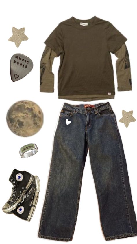 Green shirt with long light green sleeves with baggy blue jeans and conveses Grunge Baggy Outfits, Forest Core Outfits, Forest Outfit, Earth Tone Clothes, Baggy Outfits, Core Outfits, Forest Core, Grunge Baggy, Harry Potter Outfits