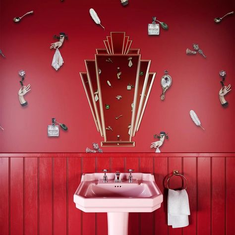 A red hot offering from @witchandwatchman wallpapers: BELLE EPOQUE RED WALLPAPER A surreal twist on everyday objects....Pass me the mirror darling 💋 #surrealism #wallpaper #redroom #powderroom #interiordesign #vintagewallpaper #decoration #wallpaperwednesday Whimsy Wallpaper, Red Feature Wall, Statement Bathroom, Hands Wallpaper, Non Conformist, Exotic Wallpaper, Painted Chinoiserie, Bold Bathroom, Hand Wallpaper