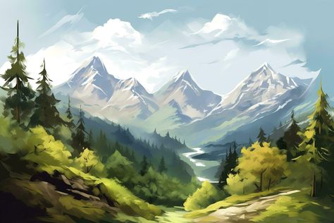 Serene Watercolor Forest Landscape with Majestic Mountains, Pine Trees, and Lush Greenery - Generative AI Landscape Pine Trees, Fantasy Pine Forest, Pine Forest Mountain, Mountain Background Landscape, Watercolor Forest Landscape, Forest Mountain Landscape, Pine Tree Landscape, Bear Tattoo Ideas, Fairytale Core