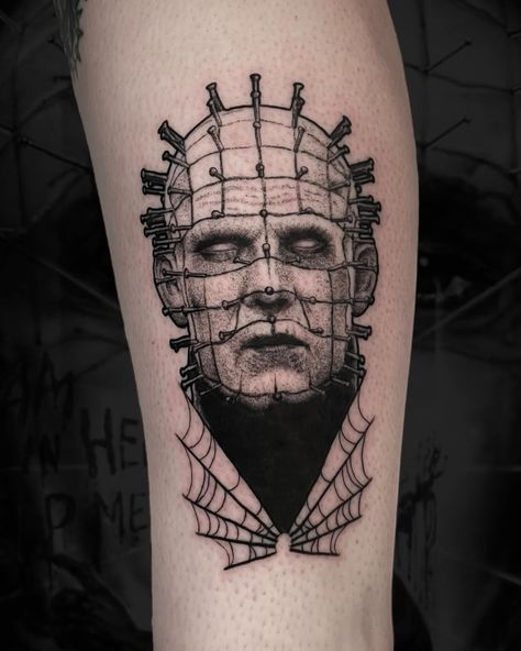 Pinhead for Taylor, done at the @asburytattoofest Horror portraits always available. DM or hit the link in my bio to book. #tattoos #tattoo #hellraiser #pinhead #horrormovies #horrorart #horror #dotwork #blackwork #darkart #darkartists Blackwork Portrait Tattoo, Dotwork Portrait Tattoo, Hell Raiser Tattoo, Pinhead Fanart, Pyramid Head Tattoo, Horror Characters Tattoo, Pinhead Tattoo, Horror Movie Tattoos Ideas, Nosferatu Tattoo