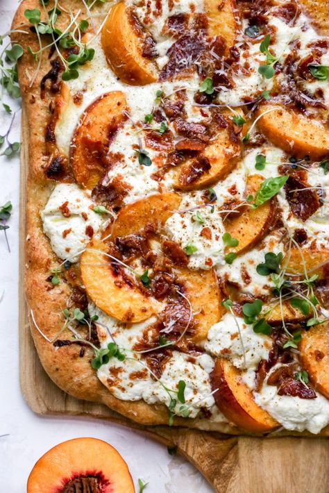 Prosciutto Peach, Pizza With Ricotta, Peach Pizza, Cheesecake Strawberries, Decadent Cheesecake, Recipe Cheesecake, Bacon Pizza, Baked Cheesecake, Heath Bars